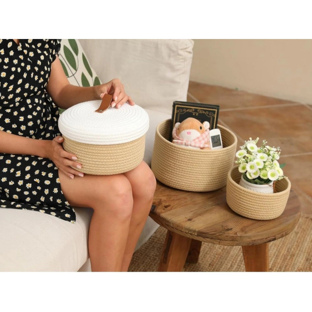 Amfyn Cotton 3 Pcs Set Roti Box Storage Basket With Lid (Beige)