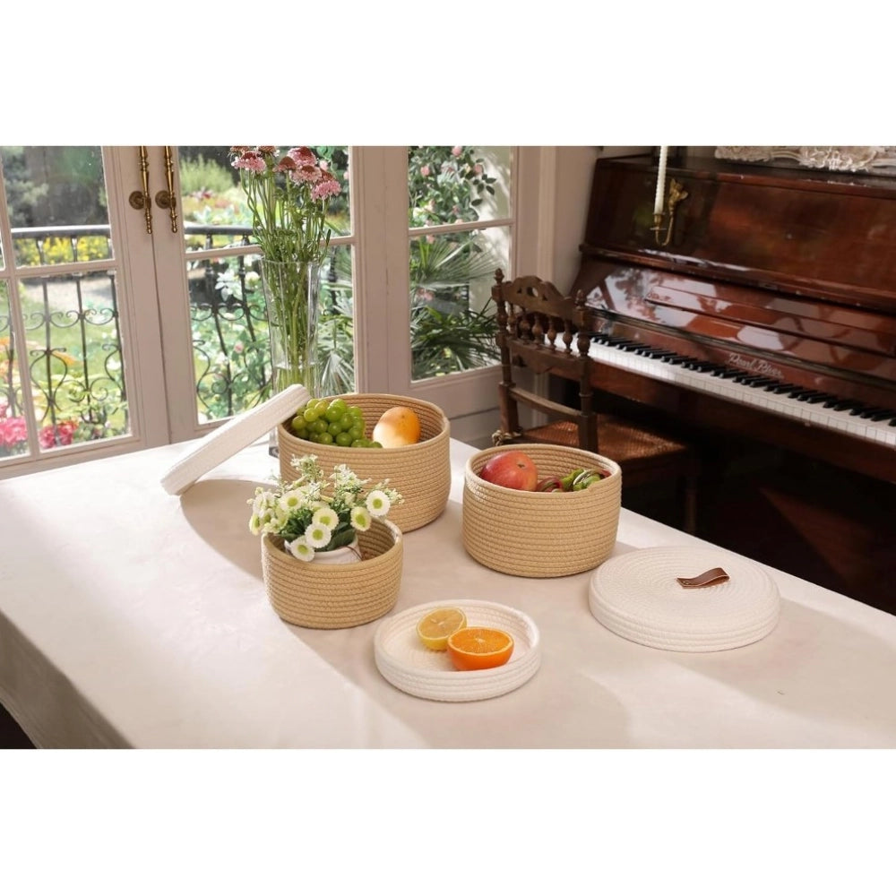 Amfyn Cotton 3 Pcs Set Roti Box Storage Basket With Lid (Beige)