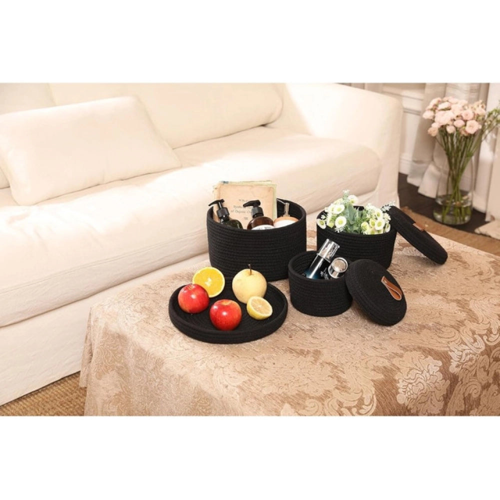 Amfyn Cotton 3 Pcs Set Roti Box Storage Basket With Lid (Black)