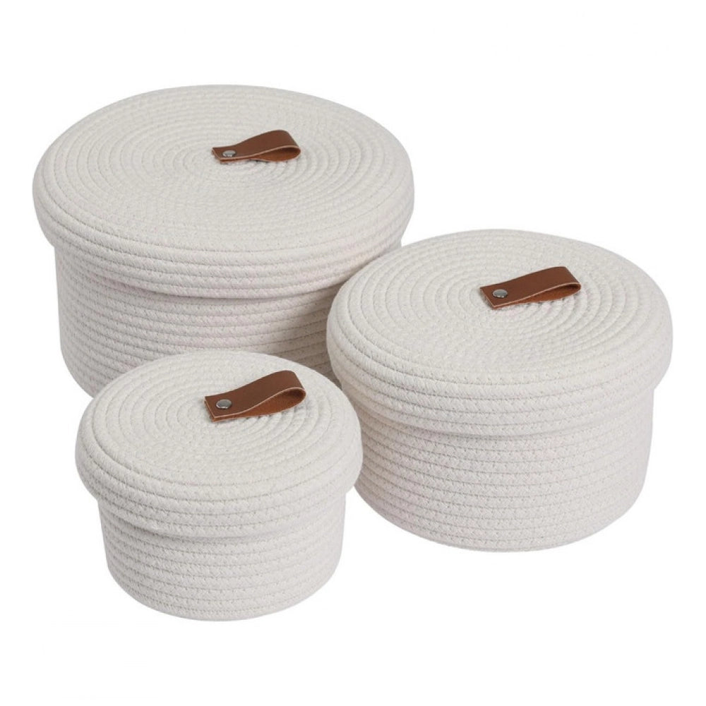 Amfyn Cotton 3 Pcs Set Roti Box Storage Basket With Lid (White)