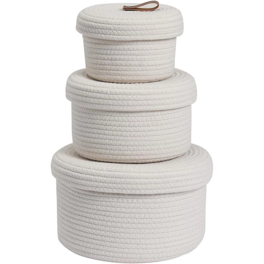 Amfyn Cotton 3 Pcs Set Roti Box Storage Basket With Lid (White)