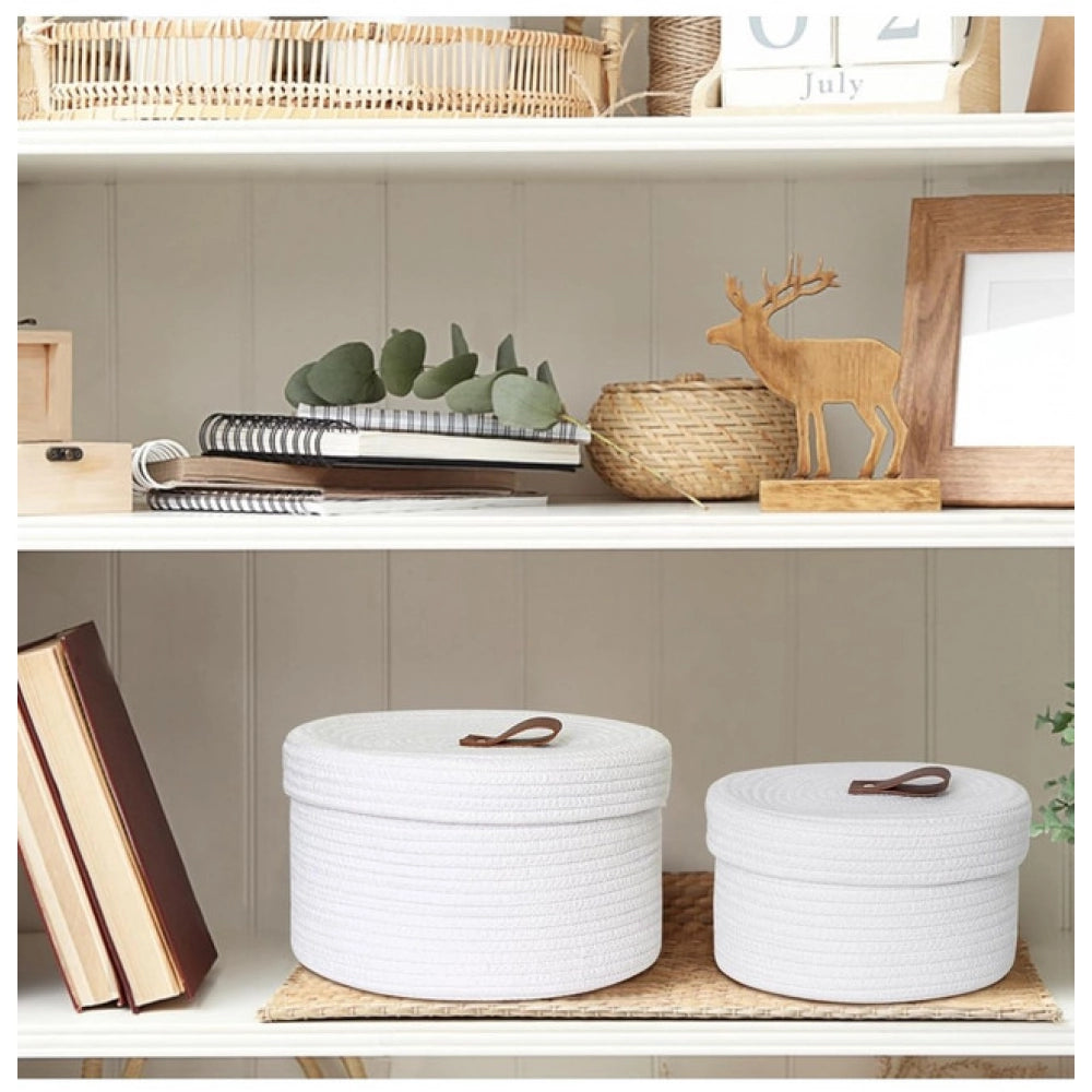Amfyn Cotton 3 Pcs Set Roti Box Storage Basket With Lid (White)