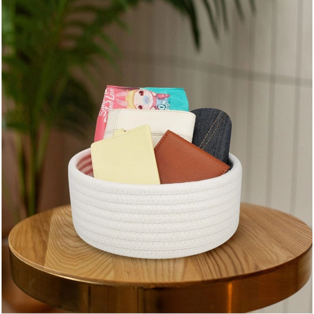 Amfyn Cotton 8x3 Inch Round 1 Pcs Bedside Organizer (White)