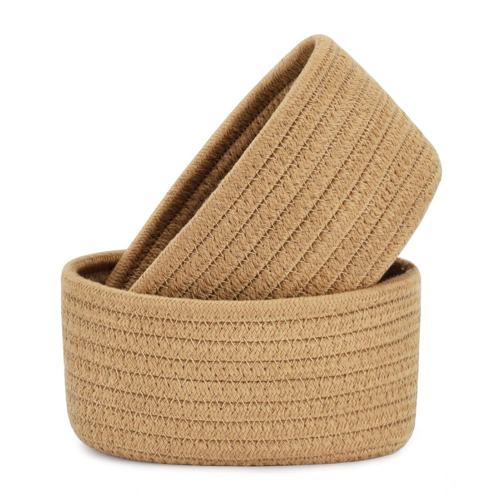 Amfyn Cotton 8x3 Inch Round 2 Set Bedside Organizer (Beige)