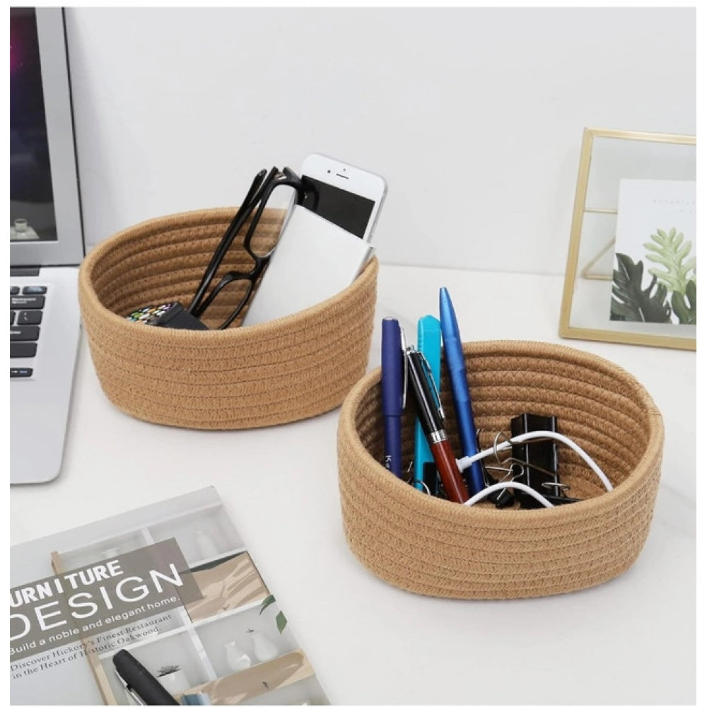 Amfyn Cotton 8x3 Inch Round 2 Set Bedside Organizer (Beige)