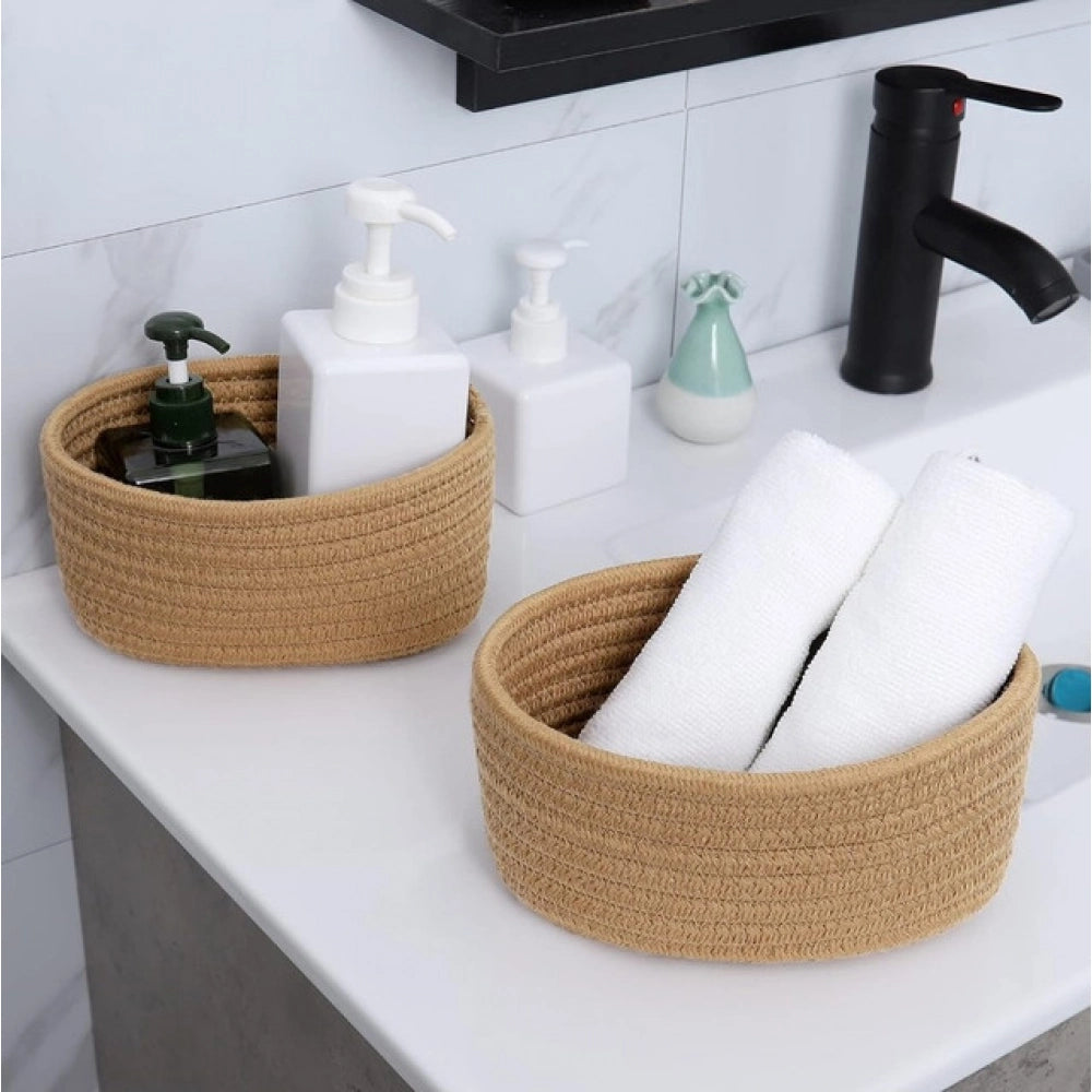 Amfyn Cotton 8x3 Inch Round 2 Set Bedside Organizer (Beige)