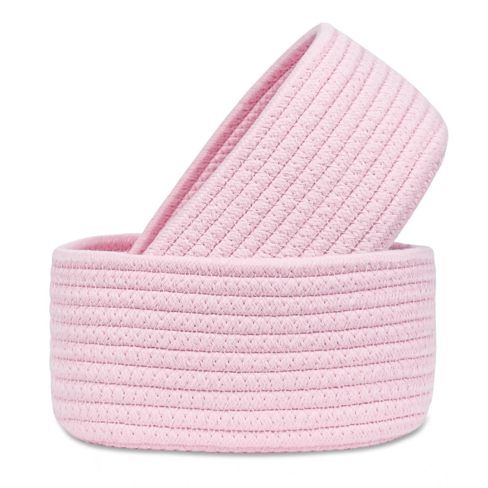 Amfyn Cotton 8x3 Inch Round 2 Set Bedside Organizer (Pink)