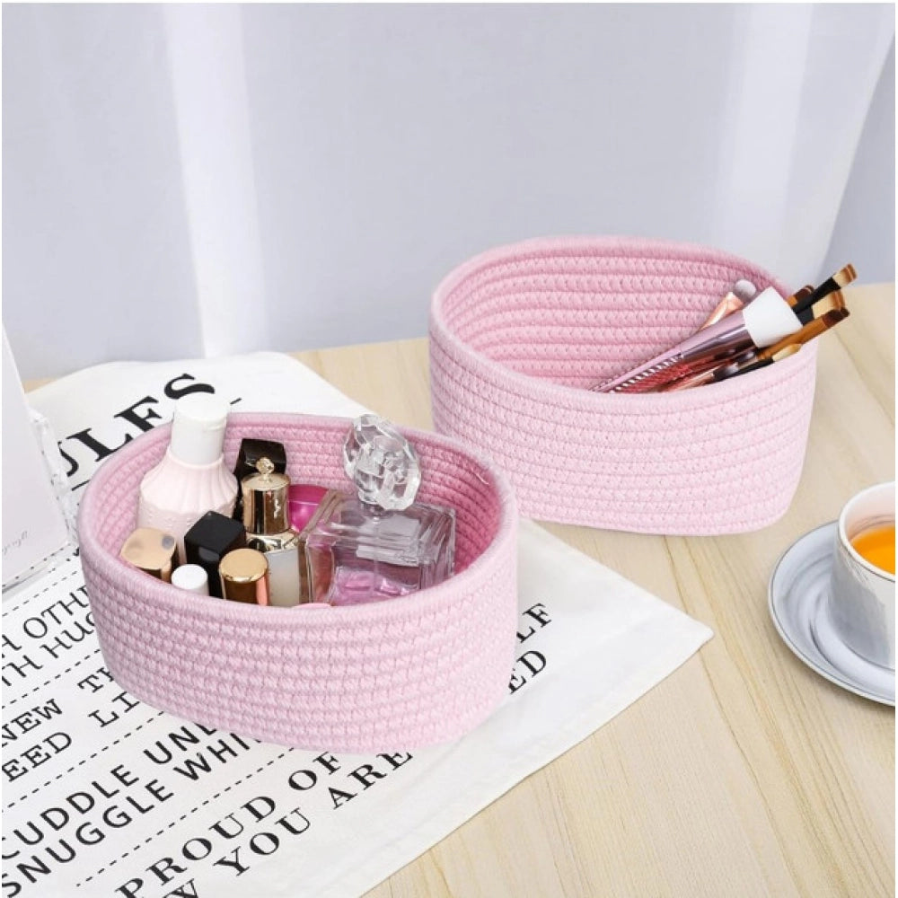 Amfyn Cotton 8x3 Inch Round 2 Set Bedside Organizer (Pink)