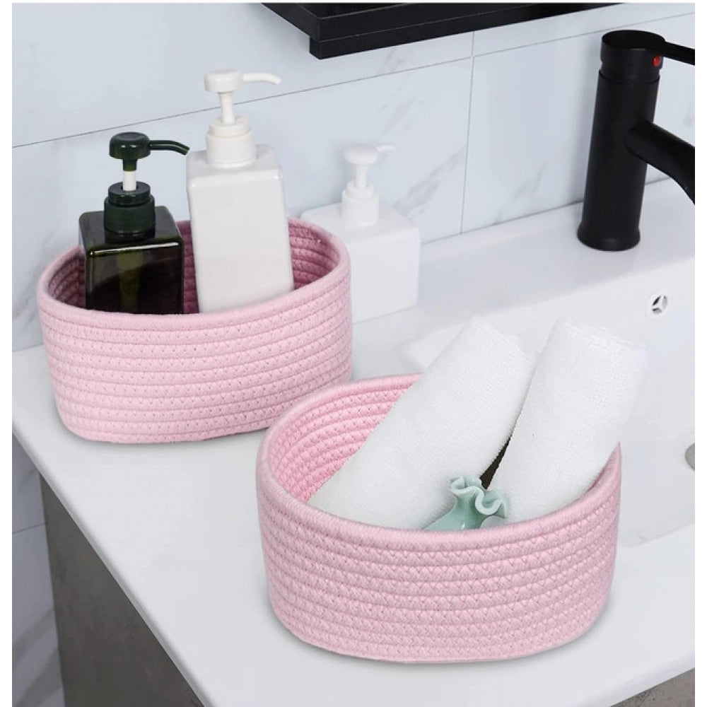 Amfyn Cotton 8x3 Inch Round 2 Set Bedside Organizer (Pink)