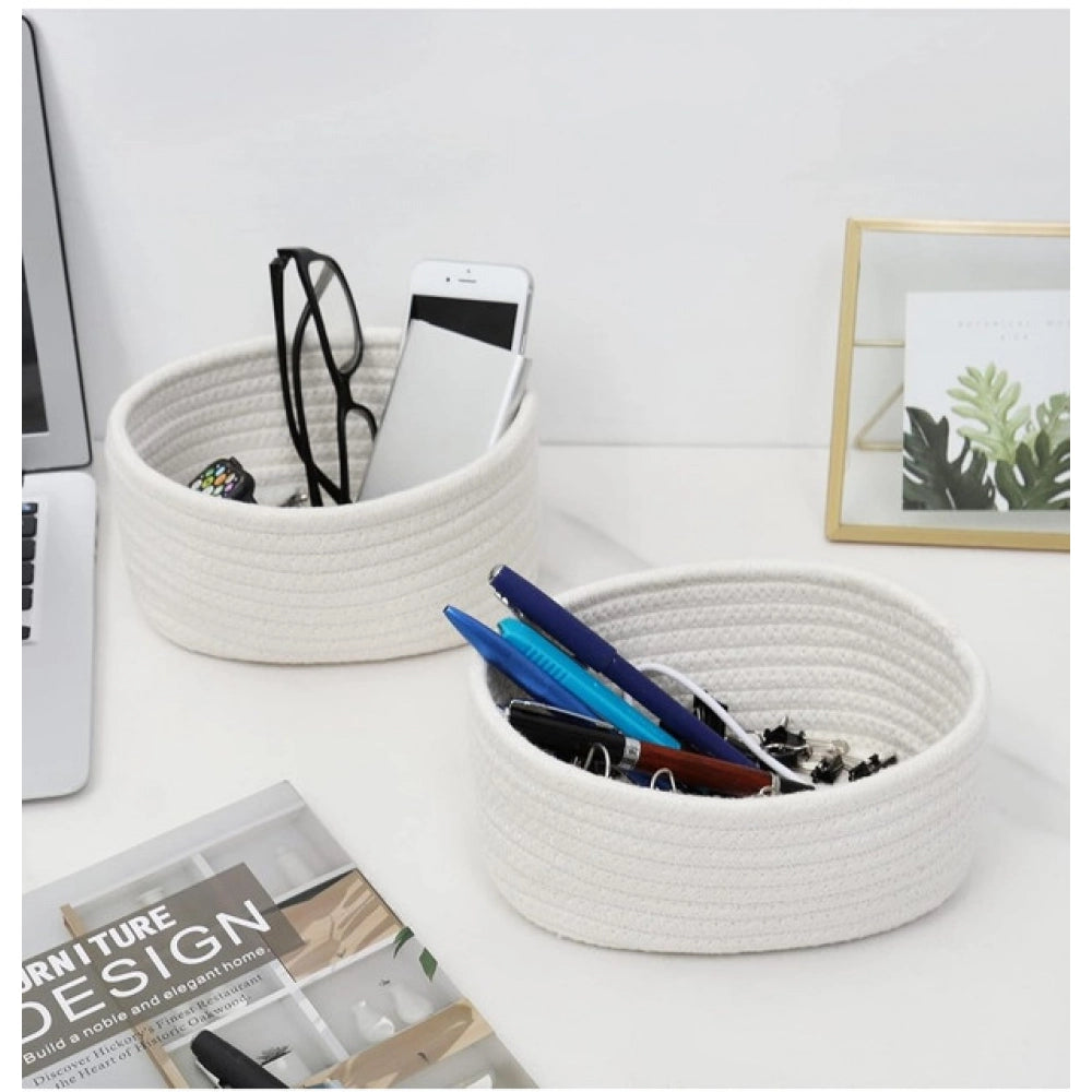 Amfyn Cotton 8x3 Inch Round 2 Set Bedside Organizer (White)