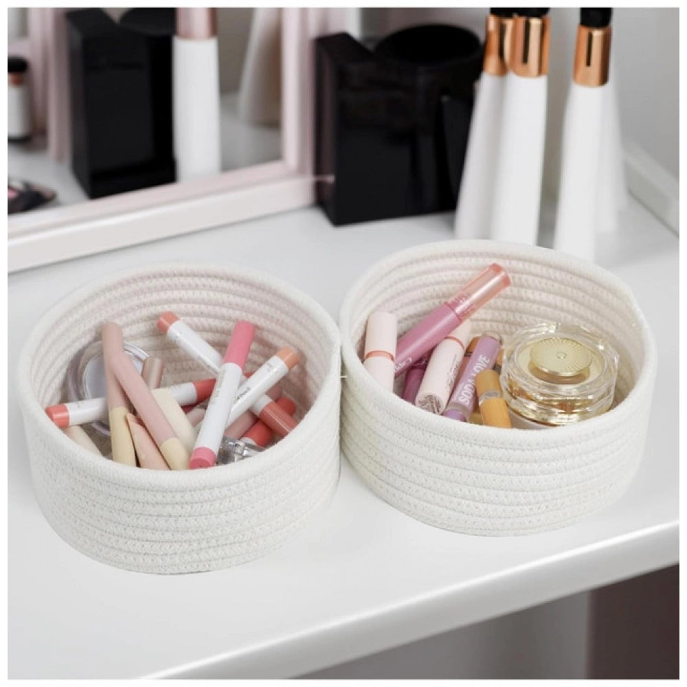 Amfyn Cotton 8x3 Inch Round 3 Set Bedside Organizer (White)
