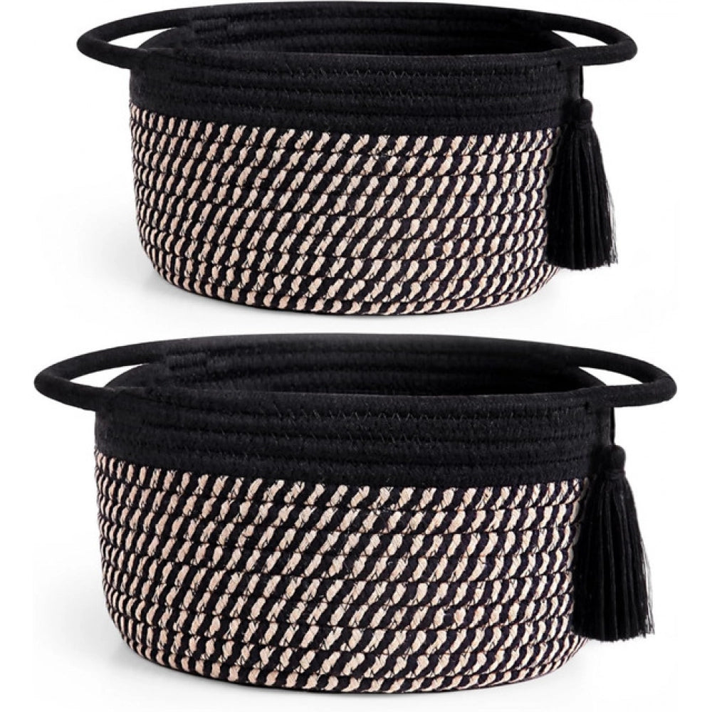 Amfyn Cotton 8x4 Inch Round 2 Set With Jhalar Bedside Organizer (Black Beige)
