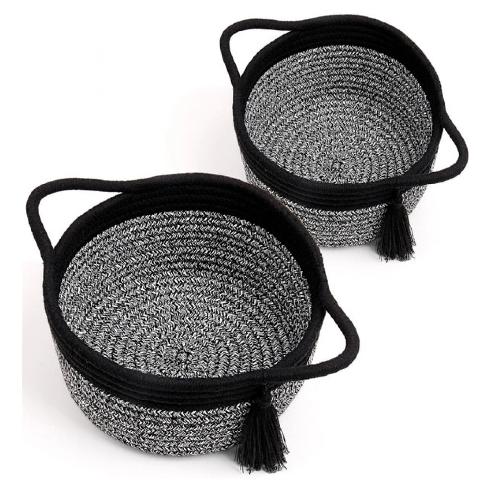 Amfyn Cotton 8x4 Inch Round 2 Set Kidi With Jhalar Bedside Organizer (Black Kidi)