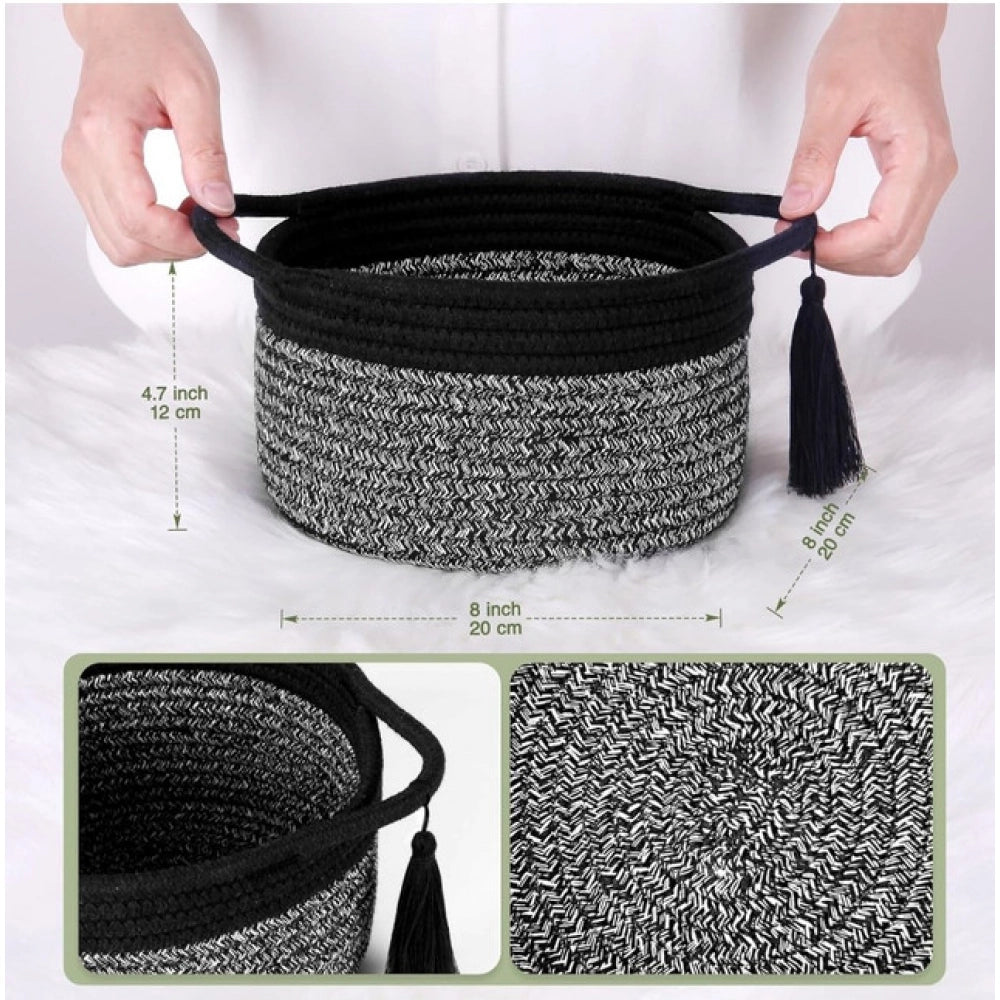 Amfyn Cotton 8x4 Inch Round 2 Set Kidi With Jhalar Bedside Organizer (Black Kidi)