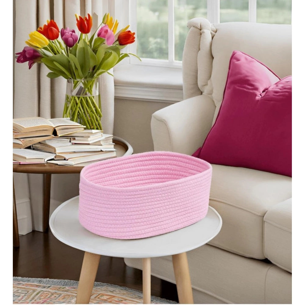 Amfyn Cotton Oval 10x7x5 Inch Bedside Organizer (Pink)