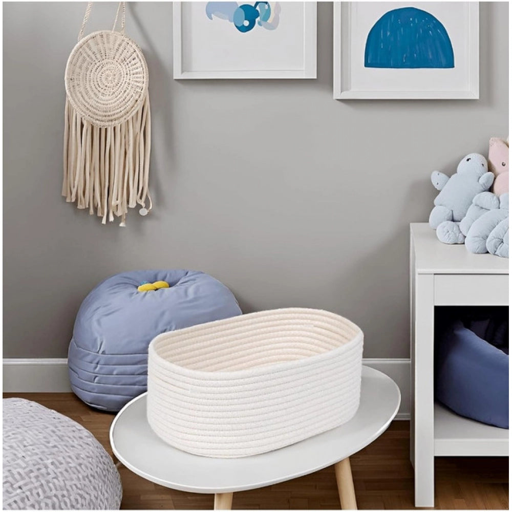 Amfyn Cotton Oval 10x7x5 Inch Bedside Organizer (White)