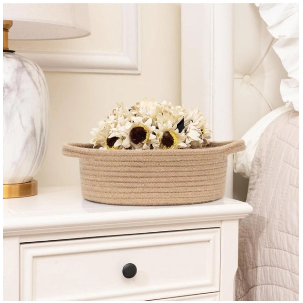 Amfyn Cotton 8x3 Inch Round Bedside Organizer (Beige)