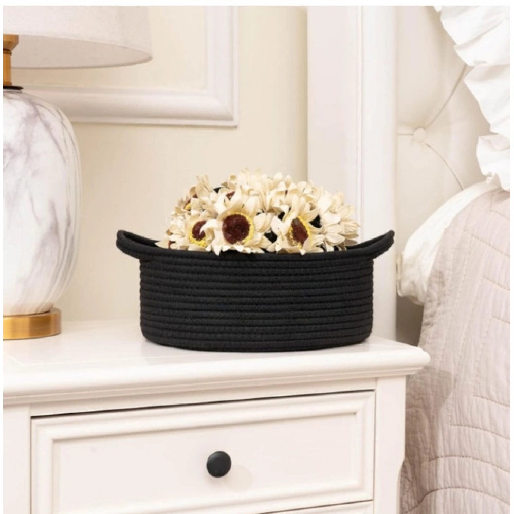 Amfyn Cotton 8x3 Inch Round Bedside Organizer (Black)