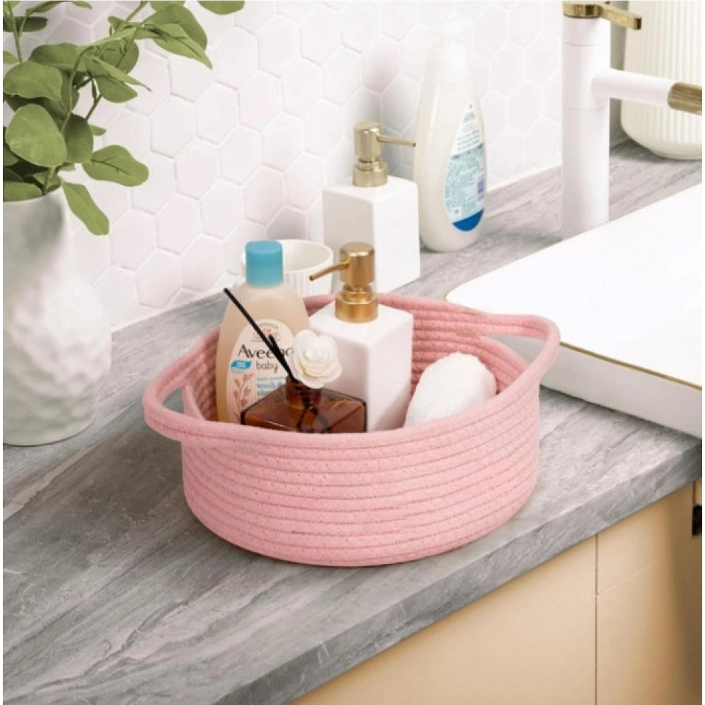 Amfyn Cotton 8x3 Inch Round Bedside Organizer (Pink)
