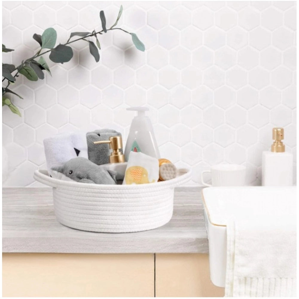 Amfyn Cotton 8x3 Inch Round Bedside Organizer (White)