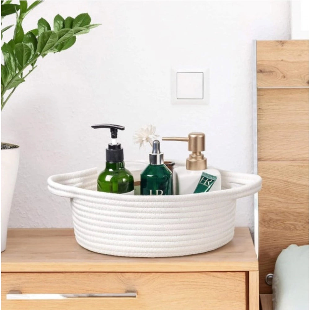 Amfyn Cotton 8x3 Inch Round Bedside Organizer (White)