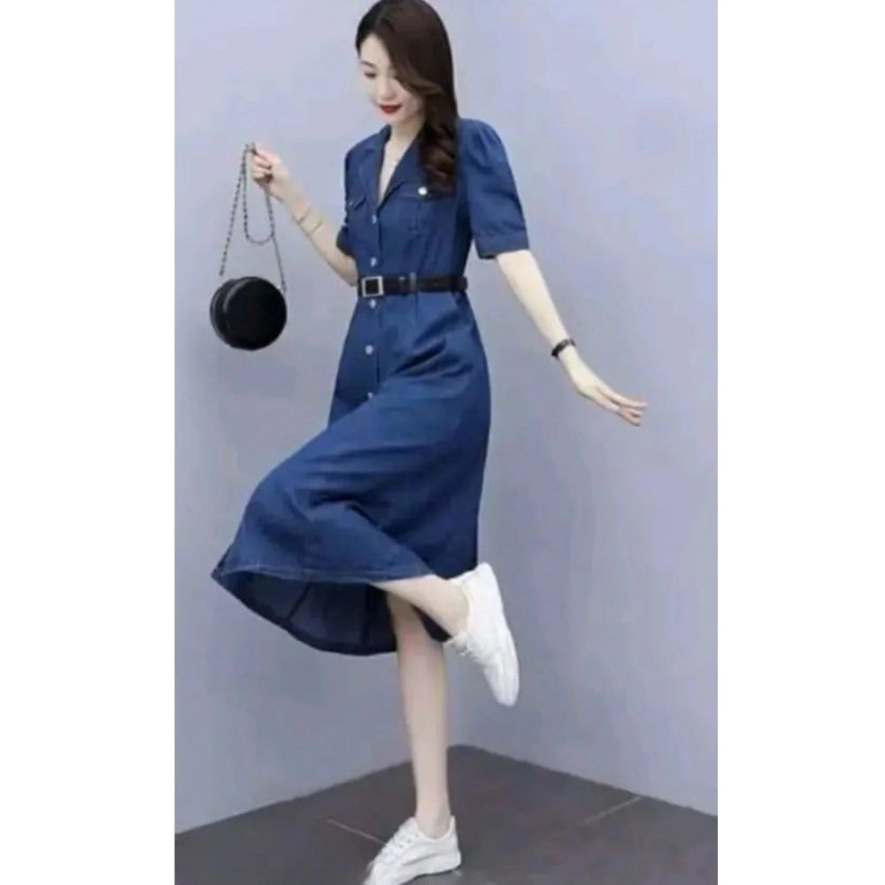 Amfyn  Women's Casual Denim Half Sleeves Dress (Blue)