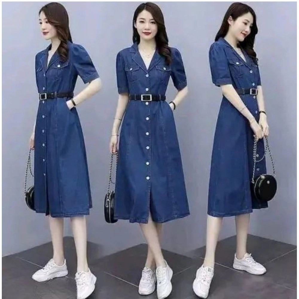 Amfyn  Women's Casual Denim Half Sleeves Dress (Blue)