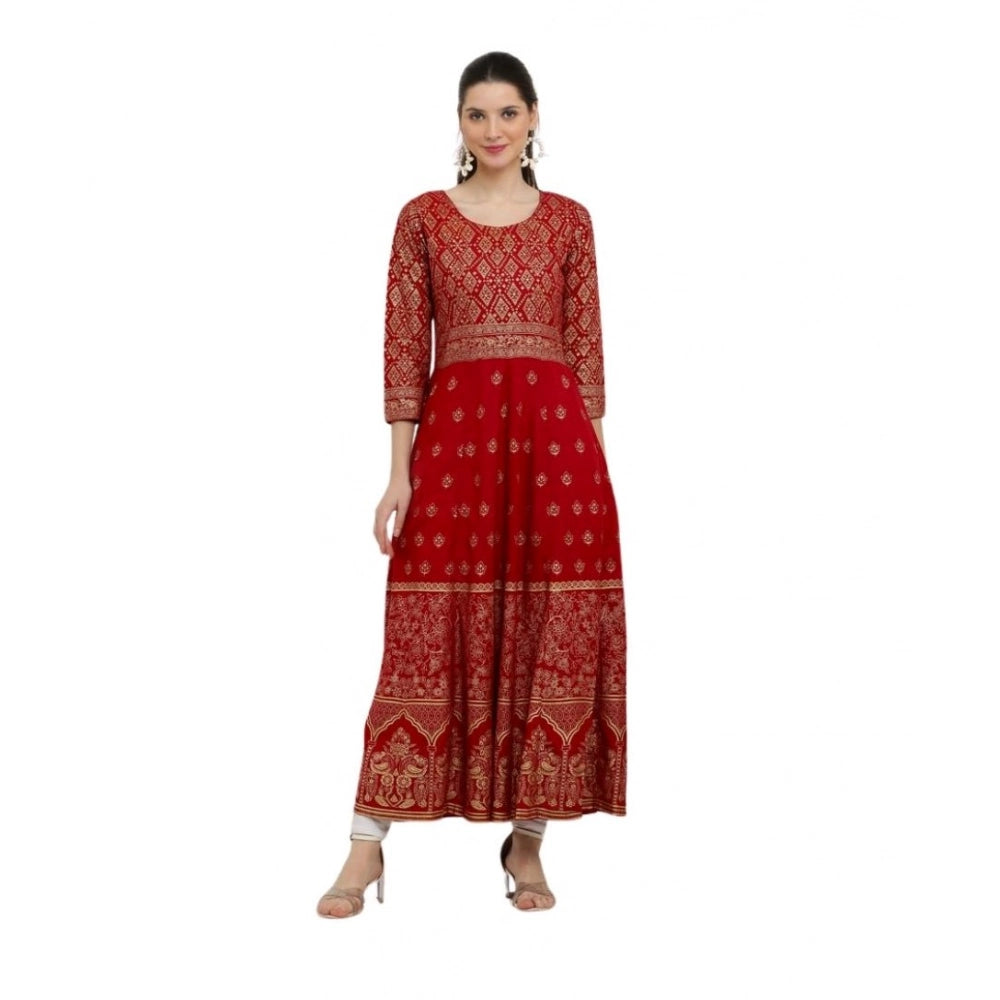 Amfyn  Women's Casual Rayon 3-4th Sleeves Anarkali Kurti (Red)