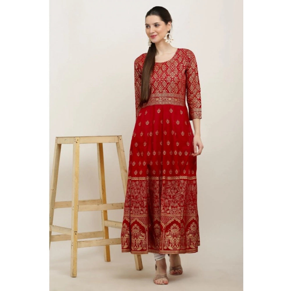 Amfyn  Women's Casual Rayon 3-4th Sleeves Anarkali Kurti (Red)