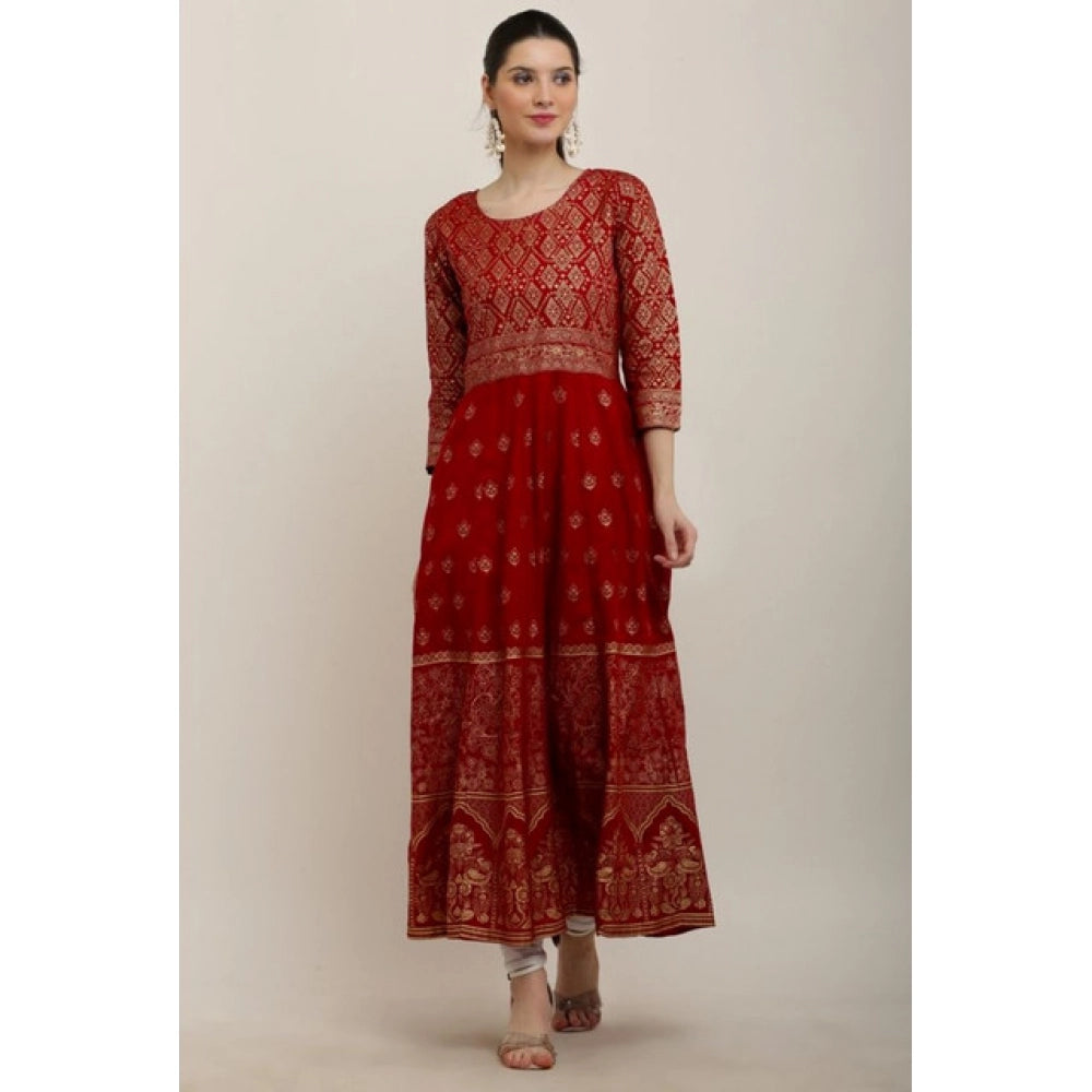 Amfyn  Women's Casual Rayon 3-4th Sleeves Anarkali Kurti (Red)