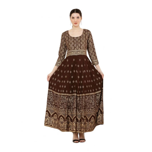 Amfyn  Women's Casual Rayon 3-4th Sleeves Anarkali Kurti (Brown)