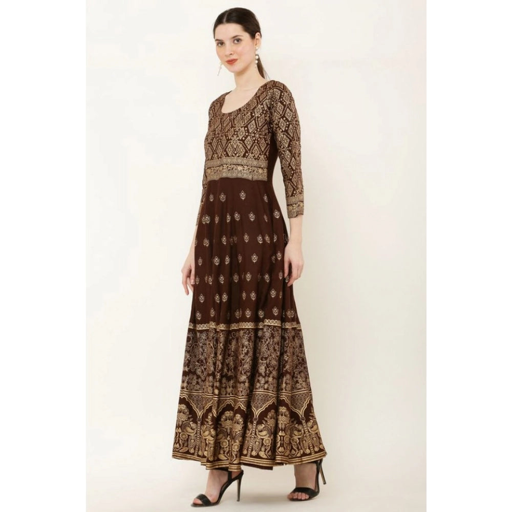 Amfyn  Women's Casual Rayon 3-4th Sleeves Anarkali Kurti (Brown)