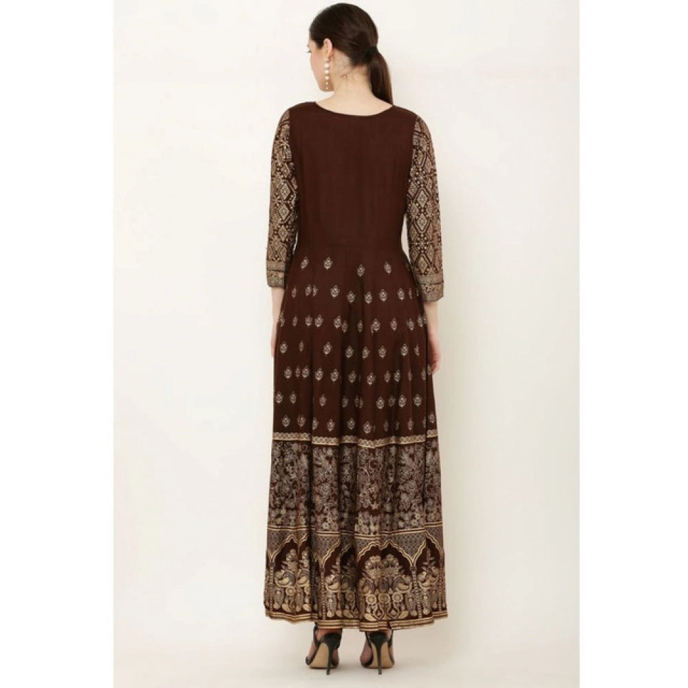 Amfyn  Women's Casual Rayon 3-4th Sleeves Anarkali Kurti (Brown)
