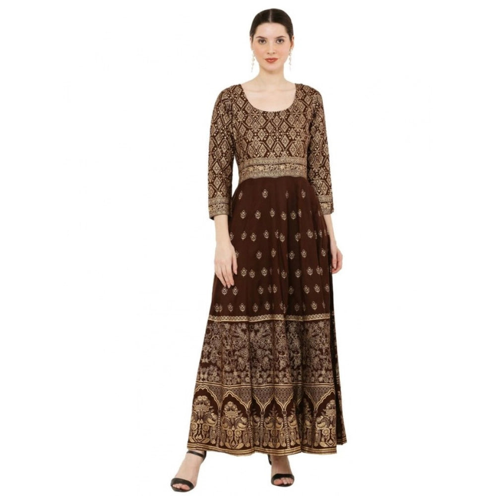 Amfyn  Women's Casual Rayon 3-4th Sleeves Anarkali Kurti (Brown)