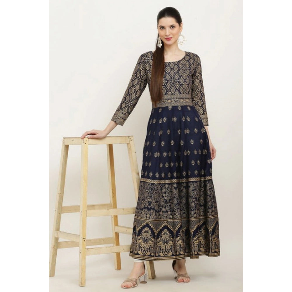Amfyn  Women's Casual Rayon 3-4th Sleeves Anarkali Kurti (Blue)