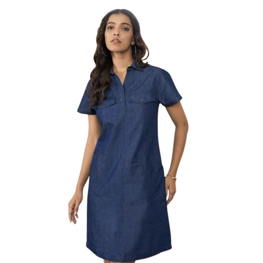 Amfyn  Women's Casual Denim Half Sleeves Dress (Blue)