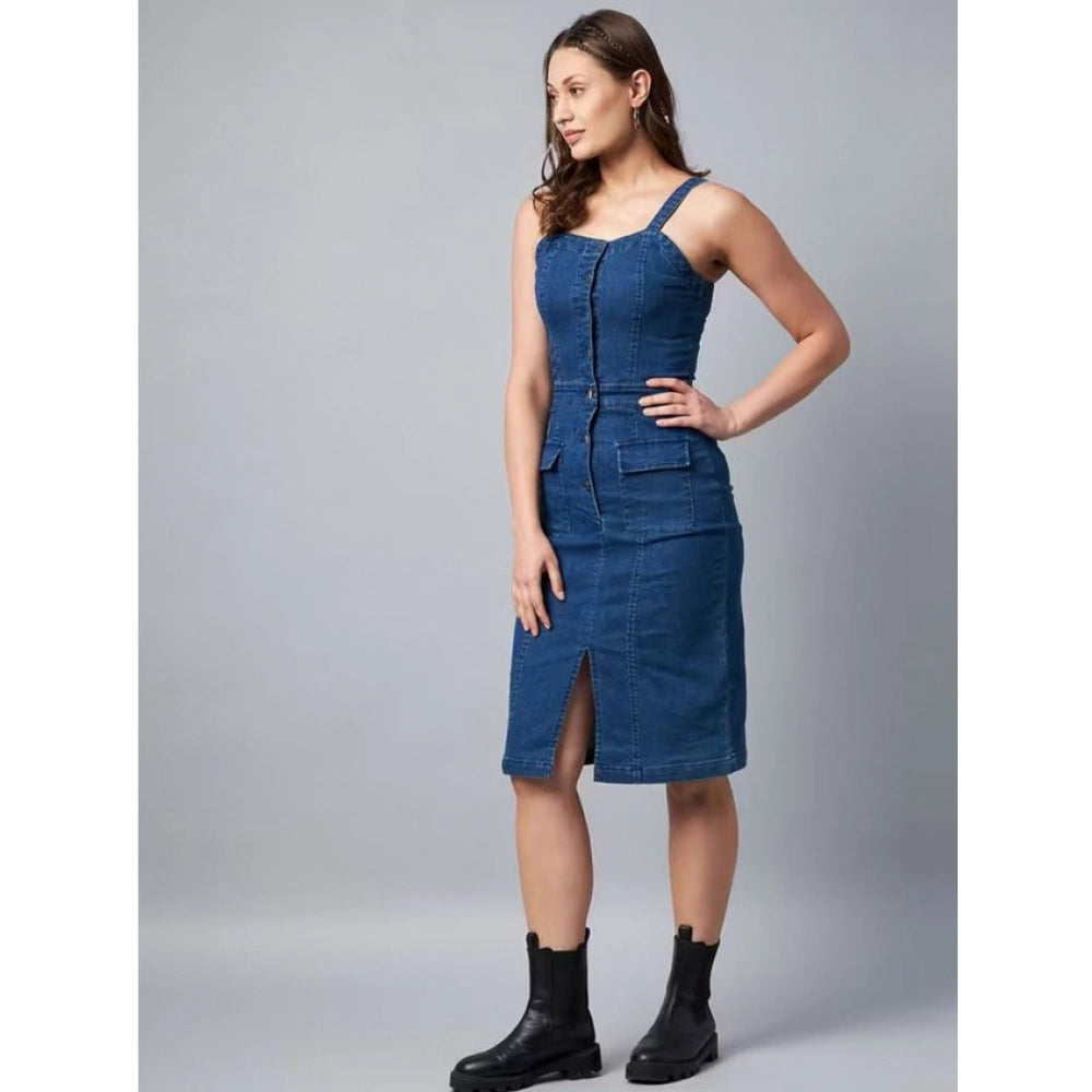 Amfyn  Women's Casual Denim Sleeveless Dress (Blue)