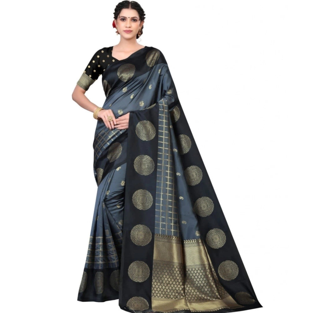 Amfyn Women's Soft Lichi Silk Printed Saree With Unstitched Blouse 5.5Mtr (Black)