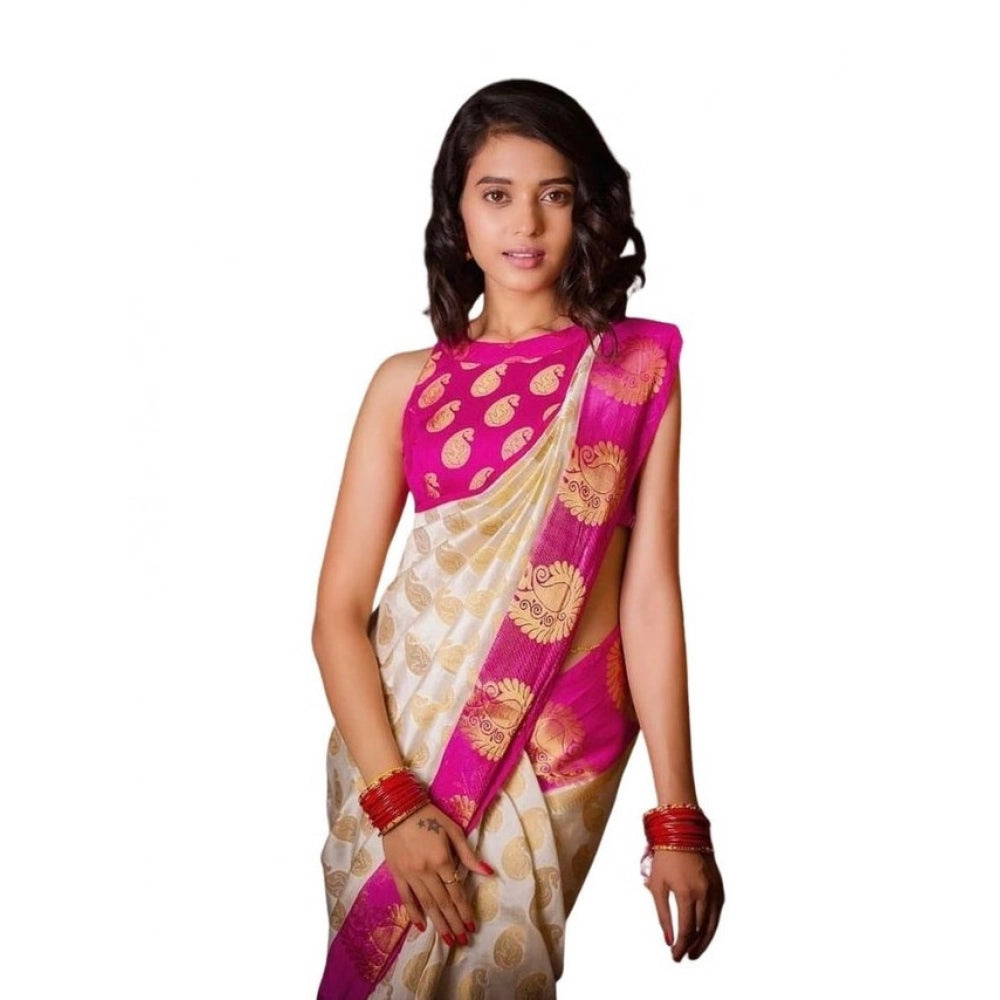 Amfyn Women's Soft Lichi Silk Printed Saree With Unstitched Blouse 5.5Mtr (White)