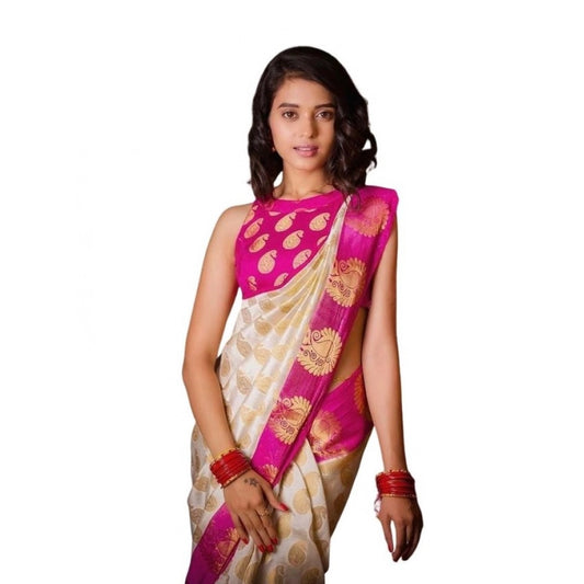 Amfyn Women's Soft Lichi Silk Printed Saree With Unstitched Blouse 5.5Mtr (White)