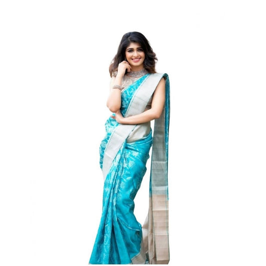Amfyn Women's Soft Lichi Silk Printed Saree With Unstitched Blouse 5.5Mtr (Sky-Blue)