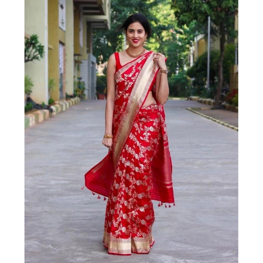 Amfyn Women's Soft Lichi Silk Printed Saree With Unstitched Blouse 5.5Mtr (Red)