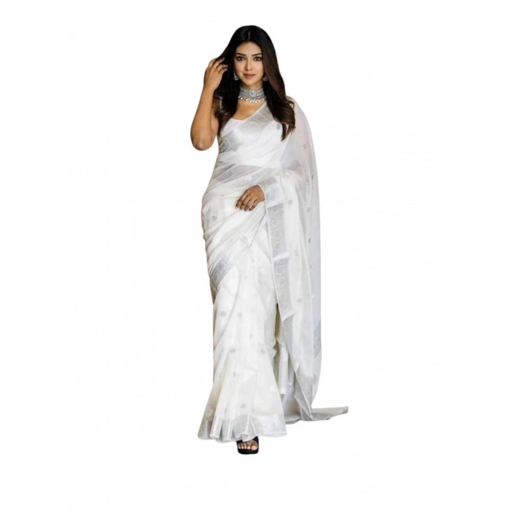 Amfyn Women's Soft Lichi Silk Printed Saree With Unstitched Blouse 5.5Mtr (White)