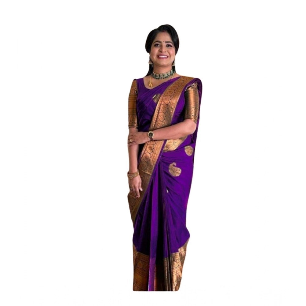 Amfyn Women's Soft Lichi Silk Printed Saree With Unstitched Blouse 5.5Mtr (Purple)
