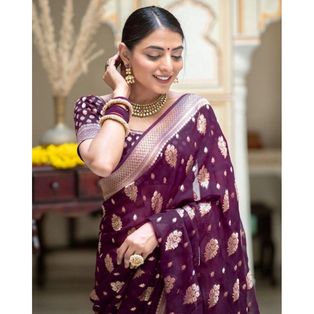 Amfyn Women's Soft Lichi Silk Printed Saree With Unstitched Blouse 5.5Mtr (Purple)