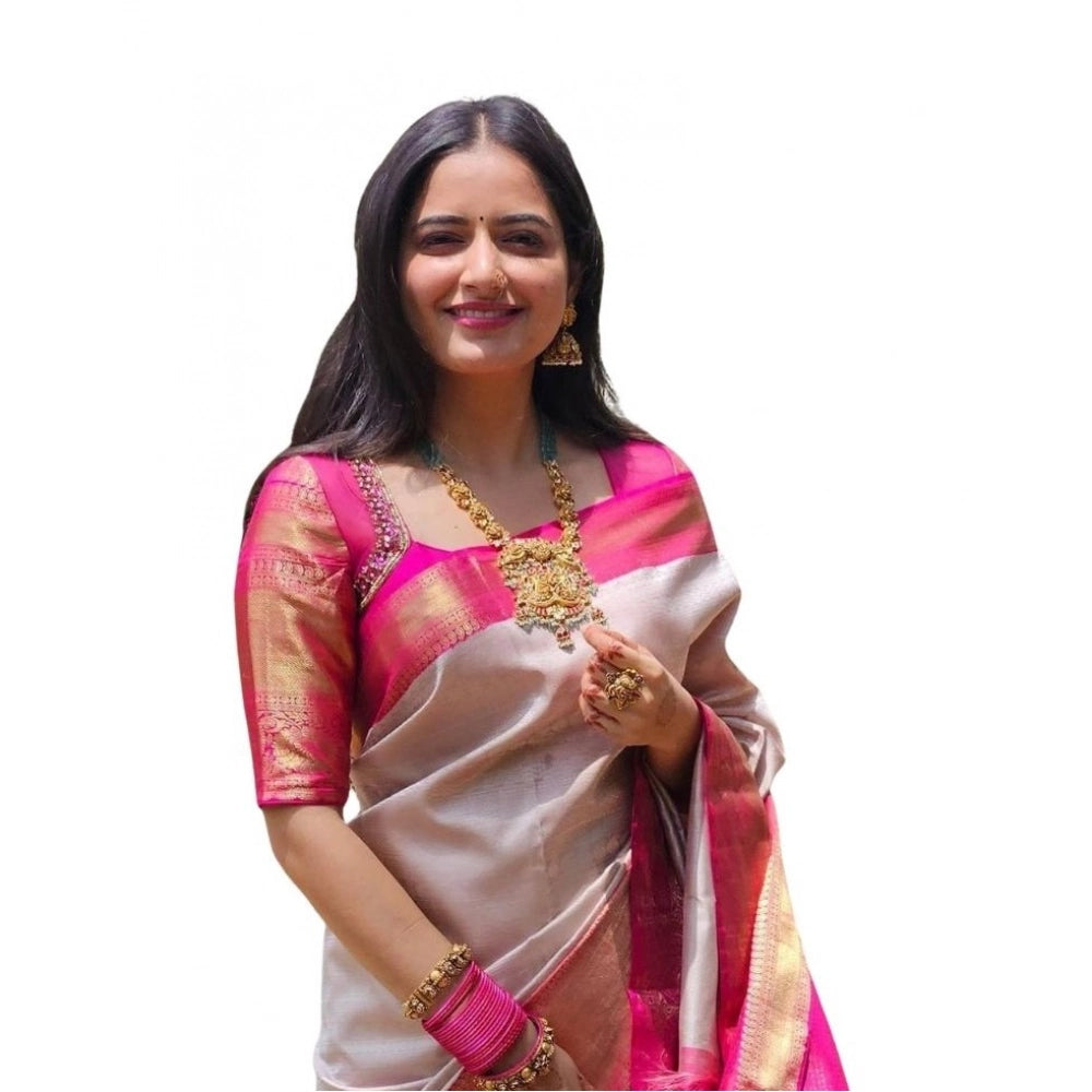 Amfyn Women's Soft Lichi Silk Printed Saree With Unstitched Blouse 5.5Mtr (Grey)