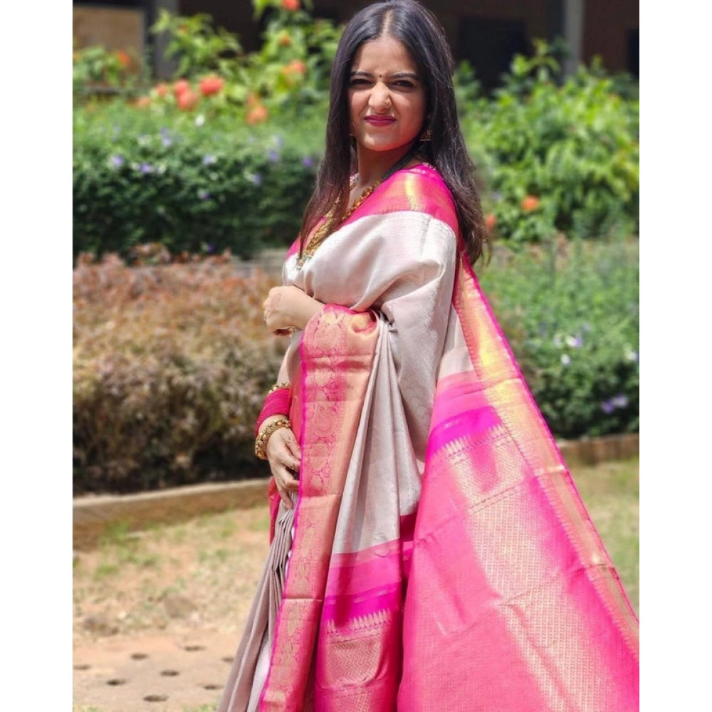 Amfyn Women's Soft Lichi Silk Printed Saree With Unstitched Blouse 5.5Mtr (Grey)
