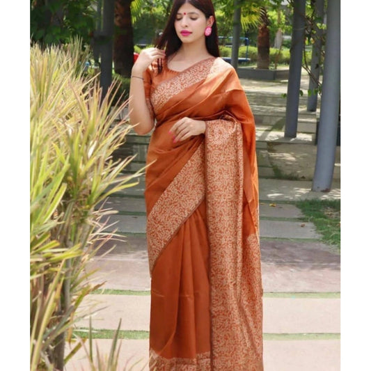 Amfyn Women's Soft Lichi Silk Printed Saree With Unstitched Blouse 5.5Mtr (Brown)
