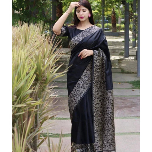 Amfyn Women's Soft Lichi Silk Printed Saree With Unstitched Blouse 5.5Mtr (Black)