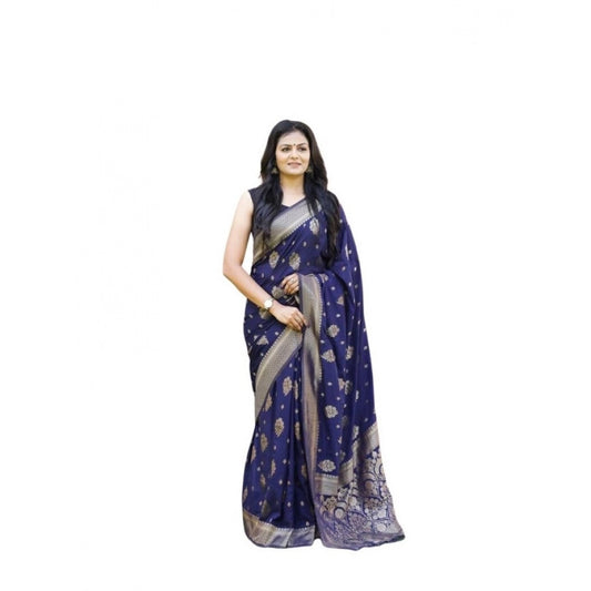 Amfyn Women's Soft Lichi Silk Printed Saree With Unstitched Blouse 5.5Mtr (Navy Blue)